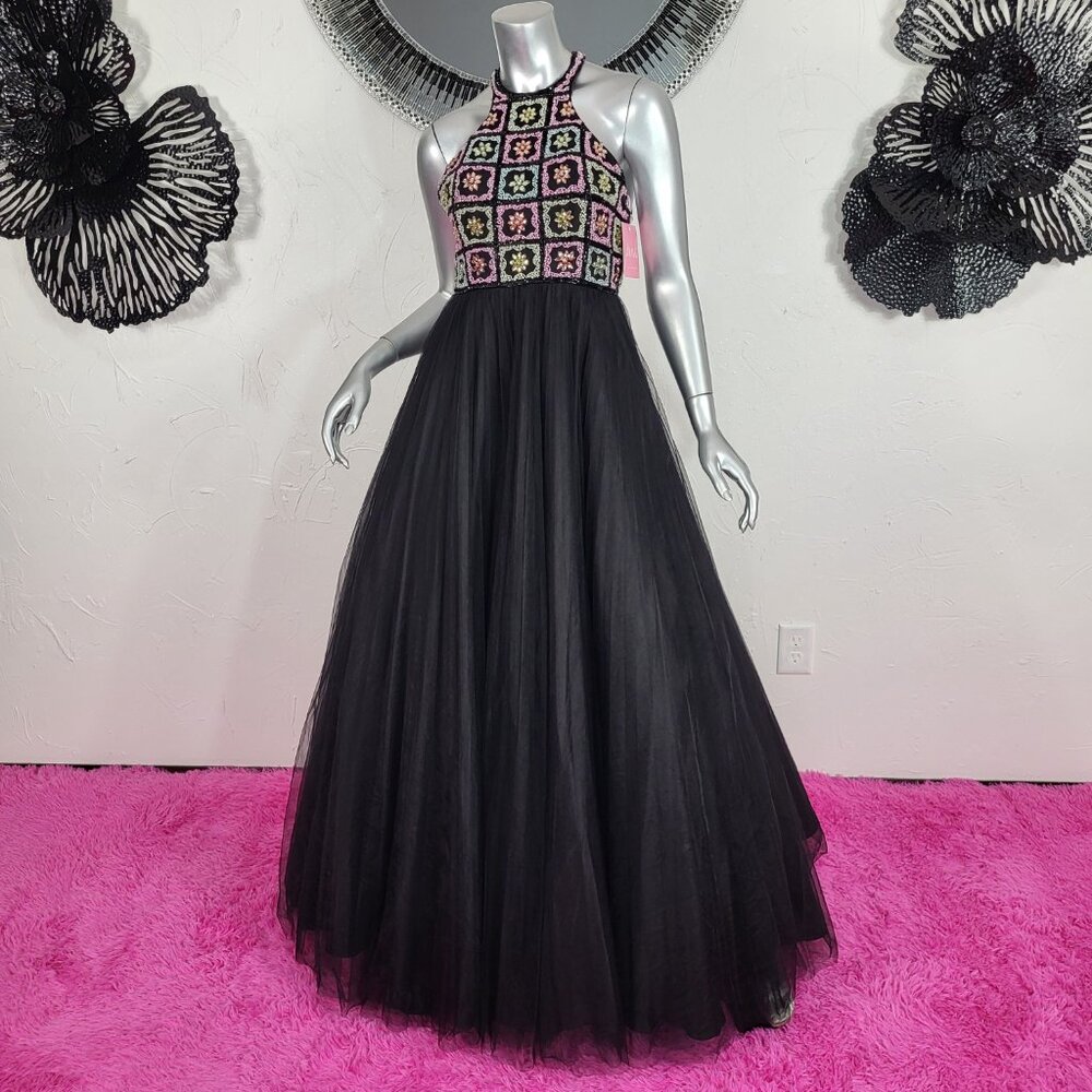 NWT~$395~ALEXIA PINK~SZ 2~BLACK RHINESTONE BEADED HALTER MAXI TULLE PROM DRESS